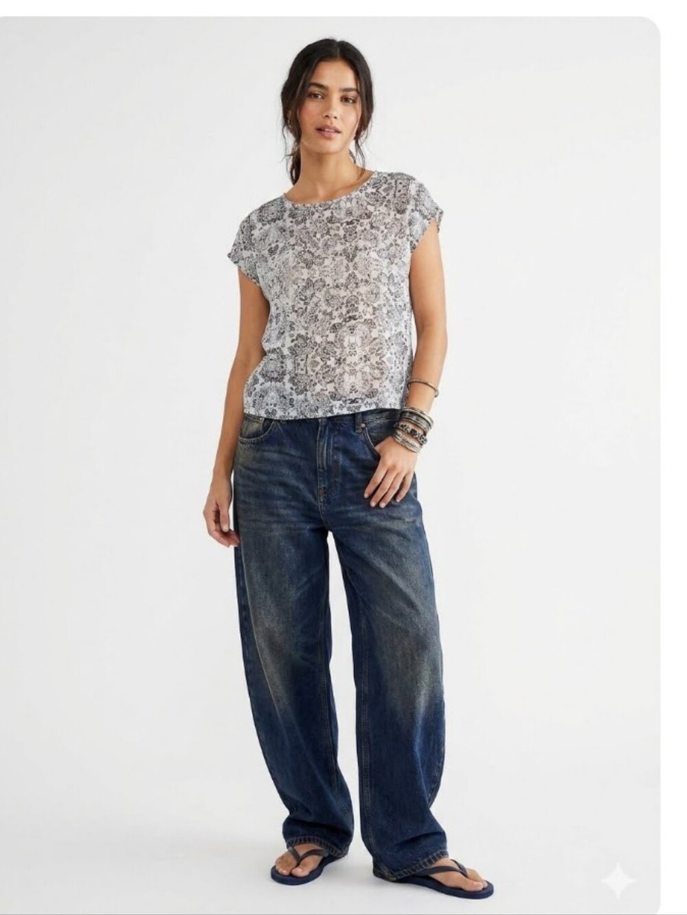 Chaus Navy & White Paisley Boxy Fit Sheer Blouse